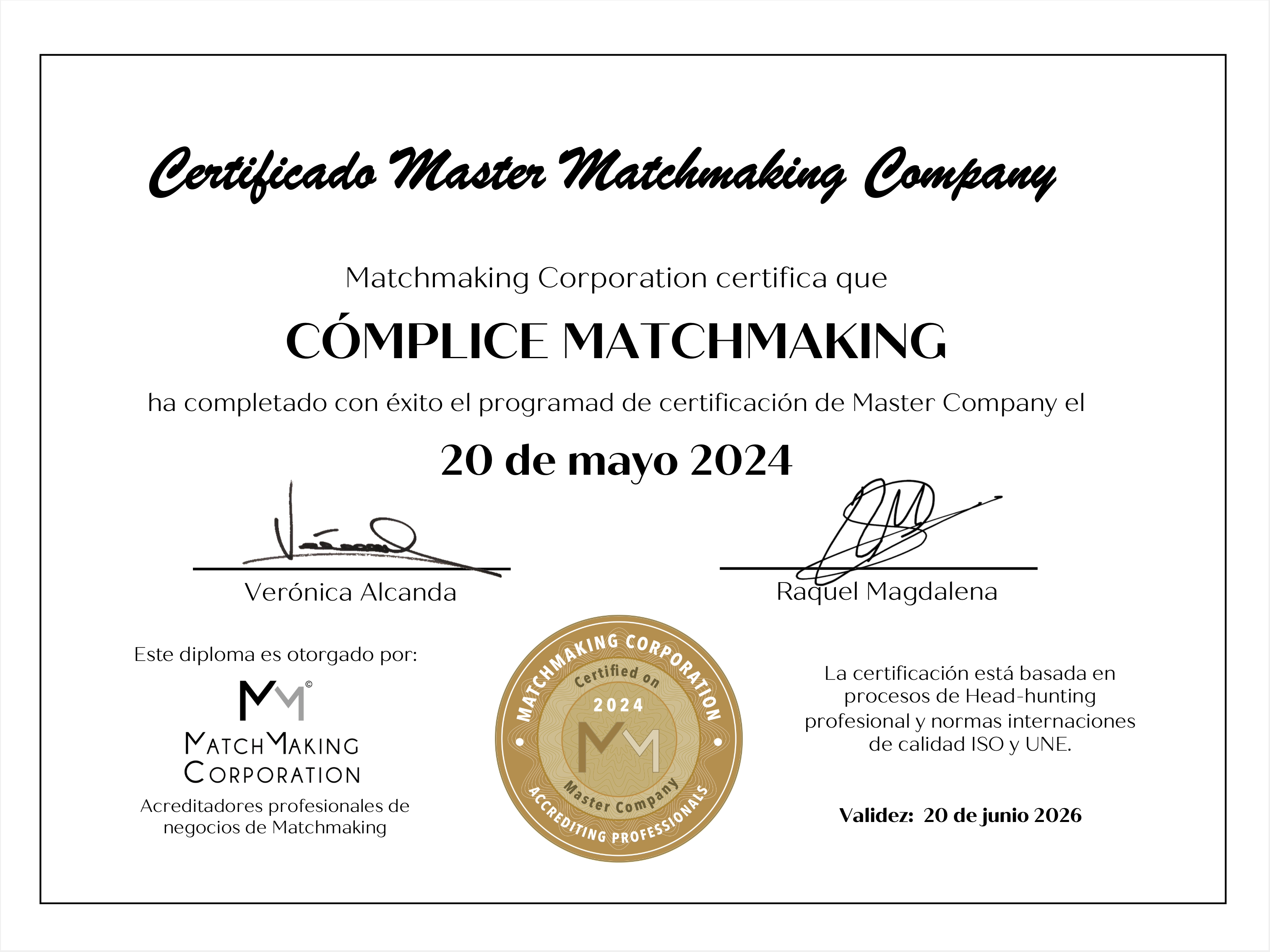 Certificado Master Matchmaking Company